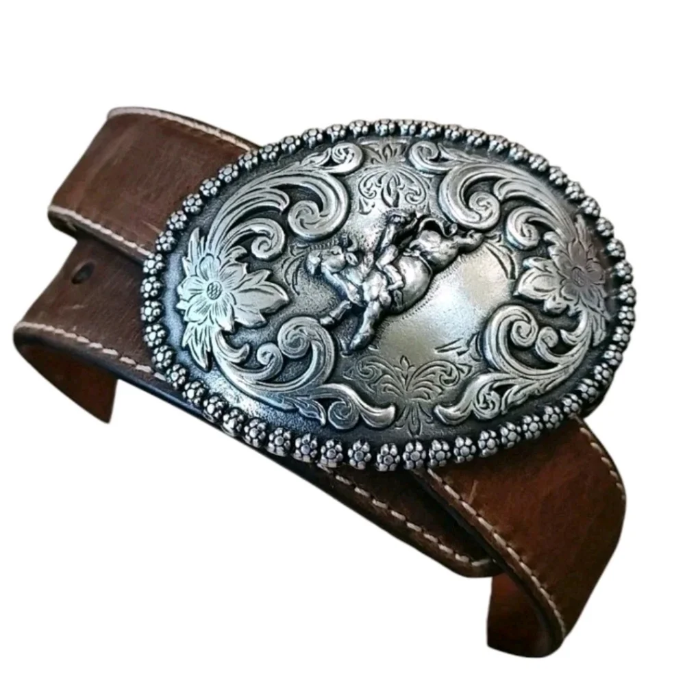Nocona 4421844 3D Bullriders Silver Buckle Brown Leather Belt Boy Sz 24 23-28